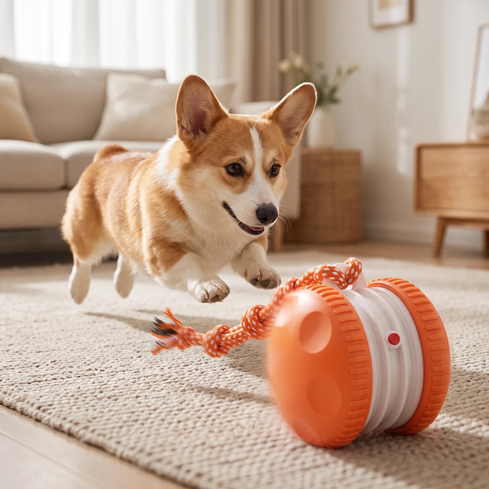 A corgi chasing the rolling ball across a rug