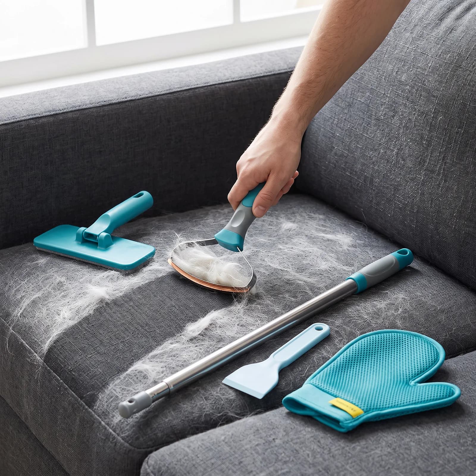 The hand scraper pulling cat hair off a sofa cushion