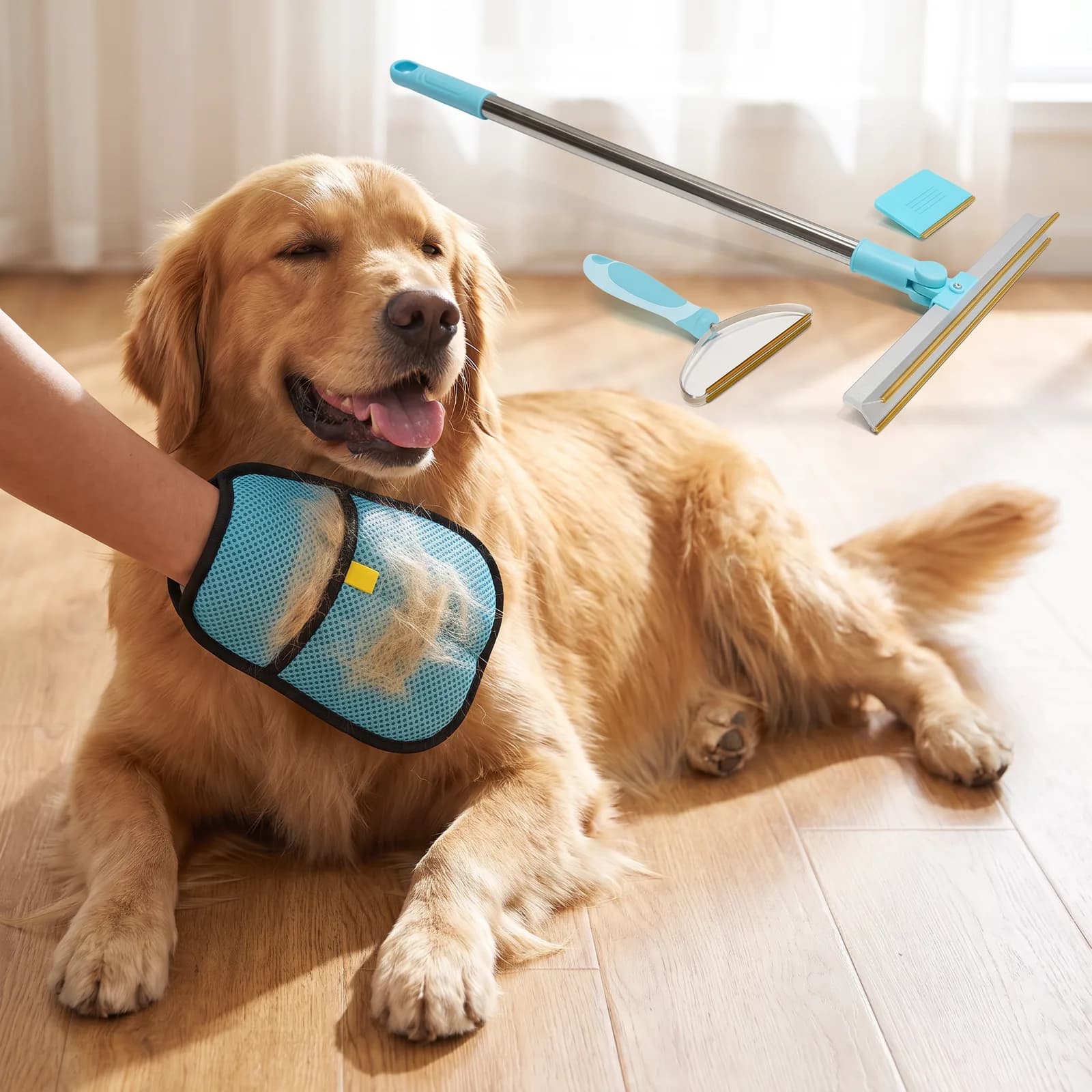 The grooming glove brushing a golden retriever