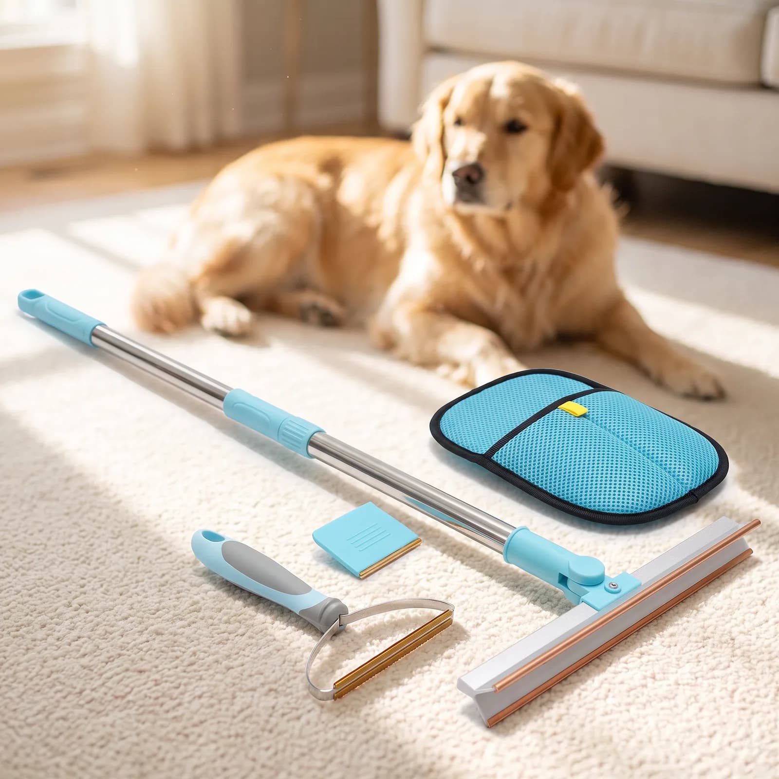 The 4-in-1 kit: long-handle carpet rake, couch scraper, mini scraper and grooming glove on a carpet