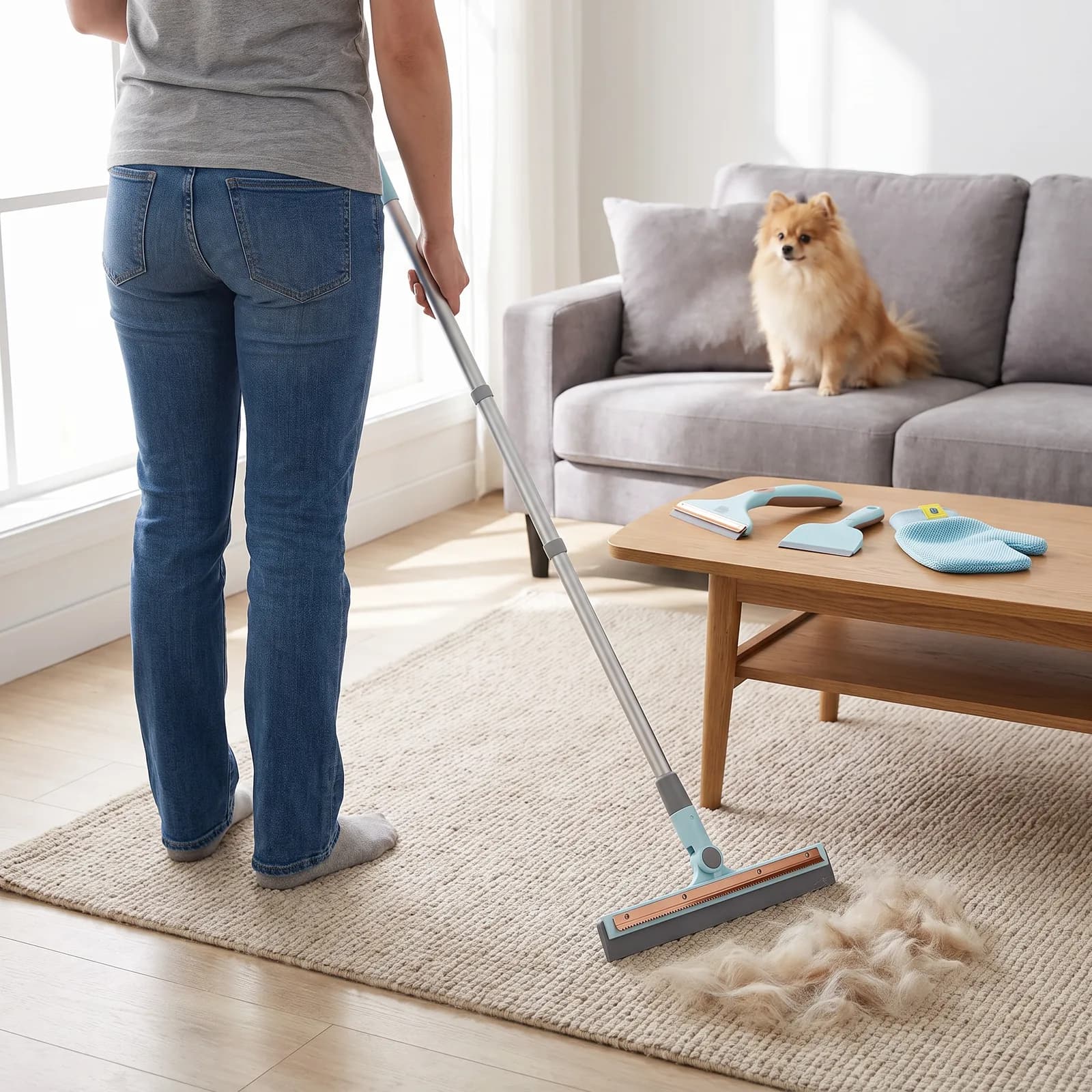 Standing upright and raking a living-room rug, no bending