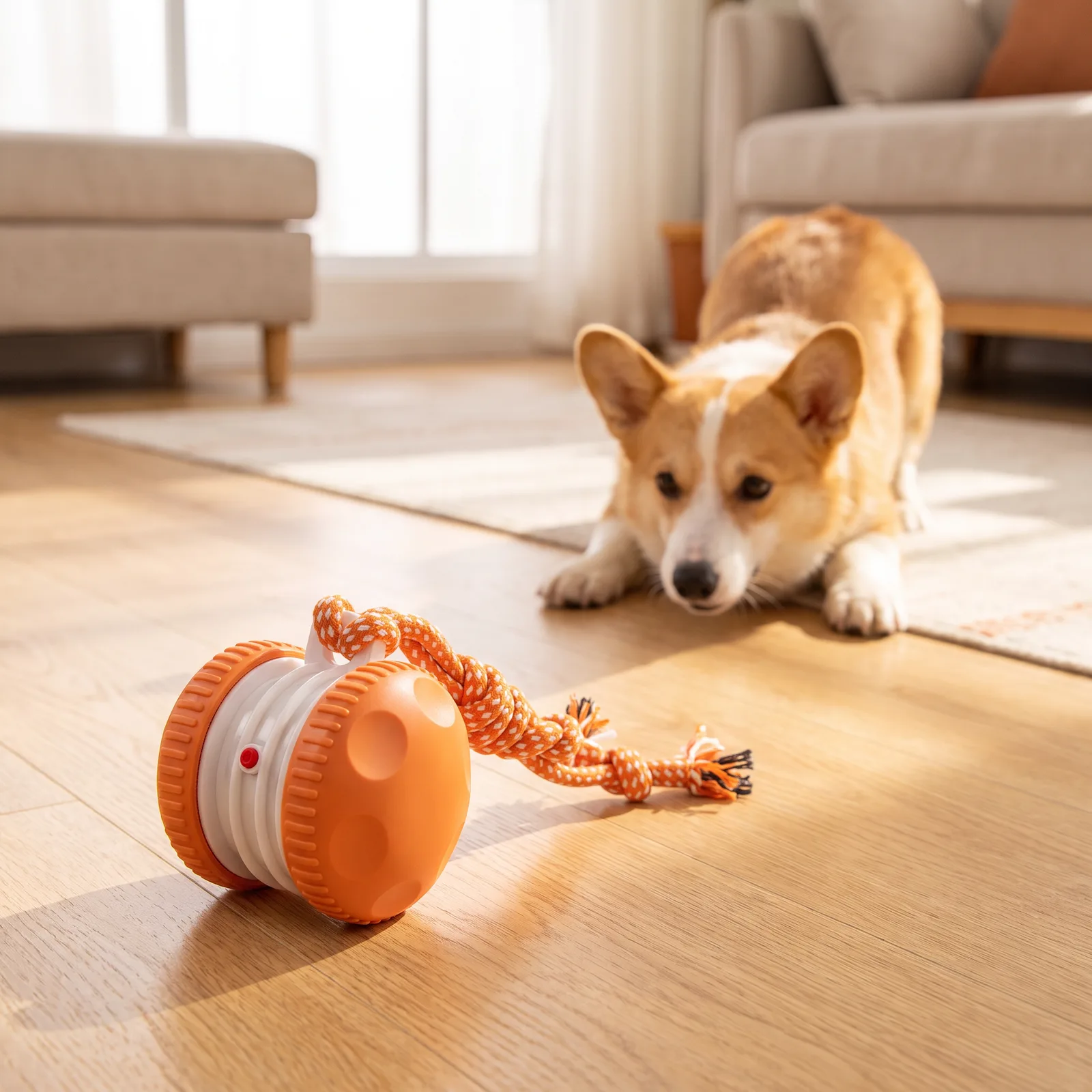 A small dog about to pounce on the rolling ball