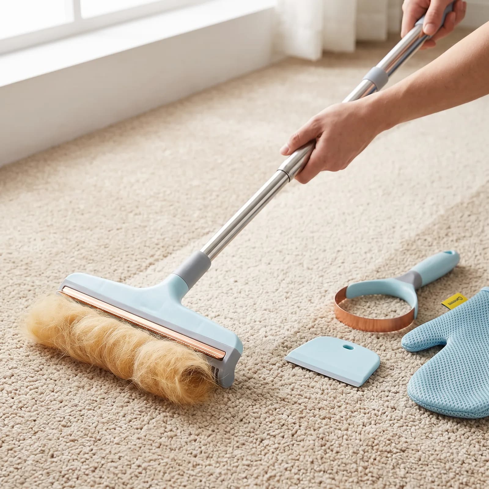 The carpet rake rolling up a line of dog hair